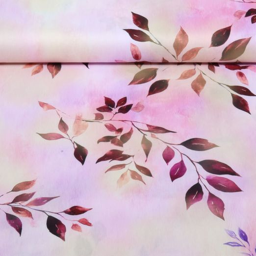 Baumwoll Popeline - Stretch Blätterzweige Weinrot