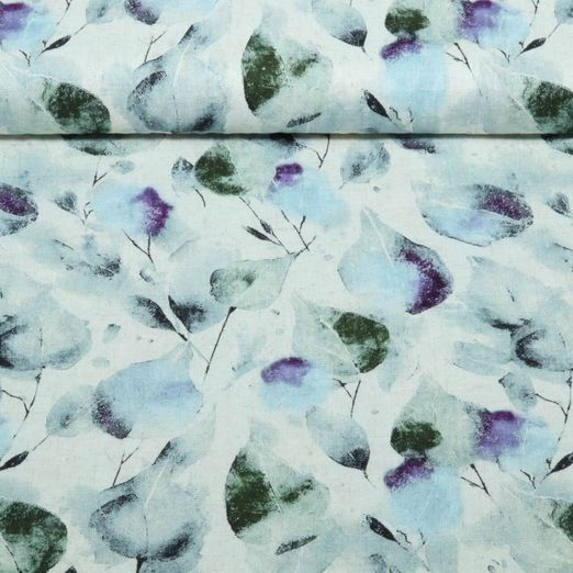 Viskoseleinen - Digital Blätter Ecru Hellblau