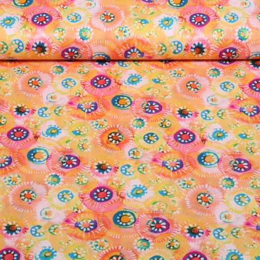 Baumwoll Popeline - Stretch Bunte Kreise Orange