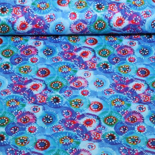 Baumwoll Popeline - Stretch Bunte Kreise Blau Baumwoll Popeline - Stretch Bunte Kreise Blau
