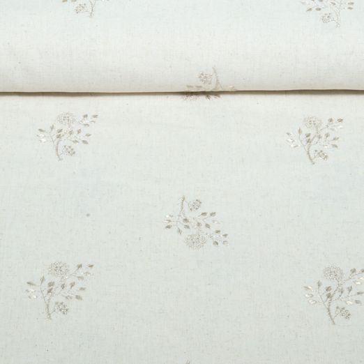 Viskose Leinen - Bestickt Blumenzweige Beige Gold Viskose Leinen - Bestickt Blumenzweige Beige Gold