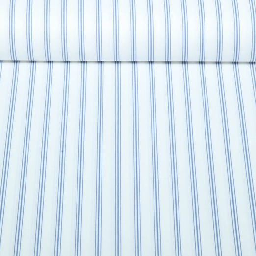 Popeline de coton - Tissu pour chemise Percale rayures Blanc Bleu