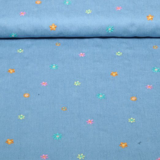 Tissu jeans pour blouses - Multicolore brodé Bleu clair