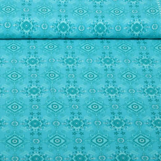 Popeline de viscose - Impression numérique bordures ethniques Turquoise