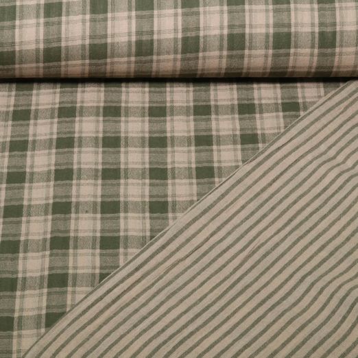 Gaze de coton - Doubleface carreaux rayures Marron Vert