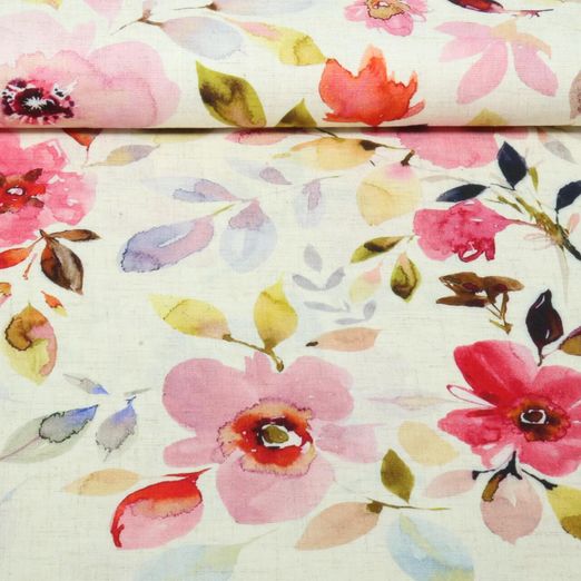 Lin Viscose - Impression numérique Fleurs et feuilles Beige