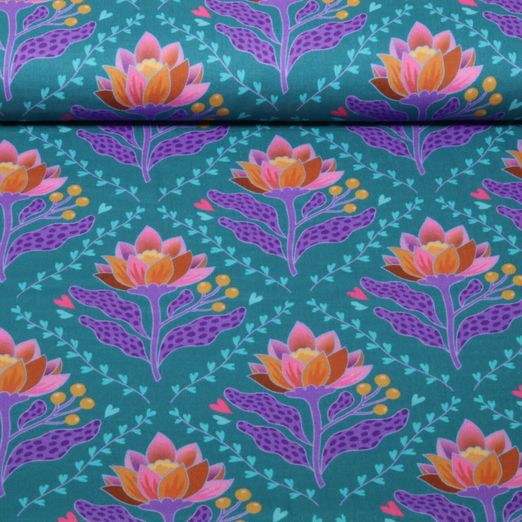 Gaze de coton bio Lisse - HHL Queen Of Hearts Lotus Royal Bleu pétrole