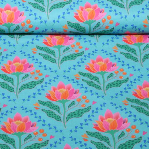 Gaze de coton bio Lisse - HHL Queen Of Hearts Lotus Royal Turquoise