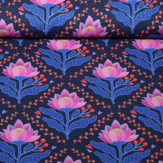 Gaze de coton bio Lisse - HHL Queen Of Hearts Lotus Royal Bleu marine