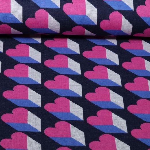 Bio Jacquard Jersey -HHL Queen of Hearts Royal Love Shadows Blau