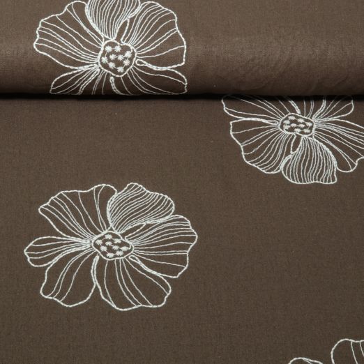 Viskose Leinen - Stickerei Blumen Braun