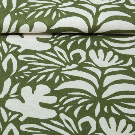 Viskose Leinen - Abstrakte Blätter Olivgrün