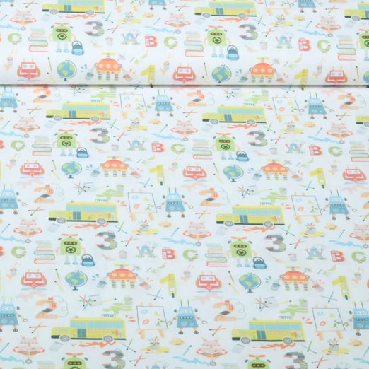 Baumwoll-Popeline - Roboter Schule Weiß