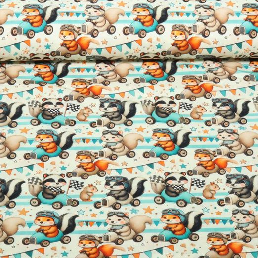 Popeline de coton - Impression numérique course de voitures d'animaux Beige