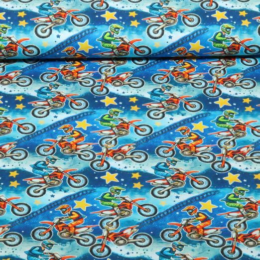 Popeline de coton - Impression numérique Motocross Bleu