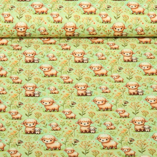 Popeline de coton - Impression numérique Moutons mignons Vert clair