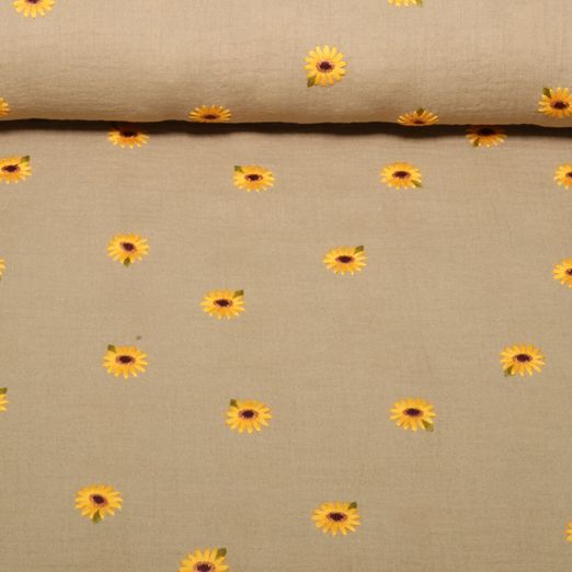 Gaze de coton - broderie tournesols Marron