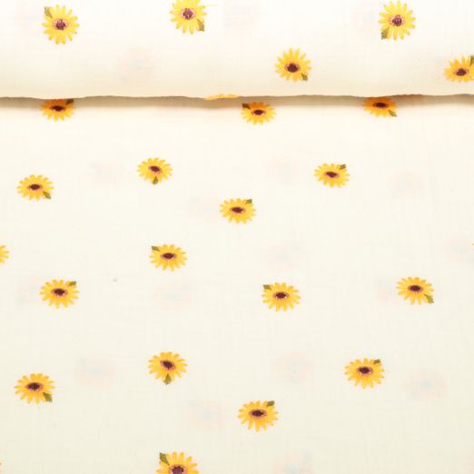 Gaze de coton - broderie tournesols Natural