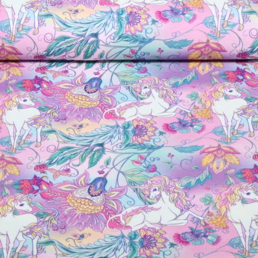 Jersey - Digital Phantasieblumen und Einhörner Lila