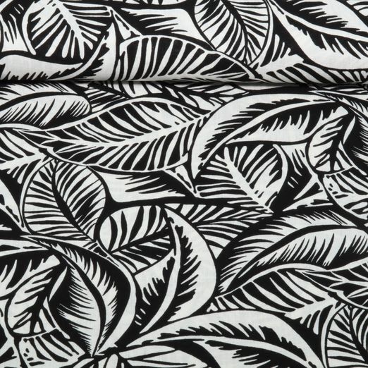 Viskose - Rayon Slub Stretch Blätter Schwarz Weiß