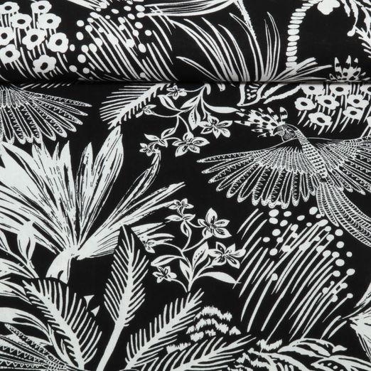 Viskose - Rayon Slub Stretch Blättermix Schwarz Weiß