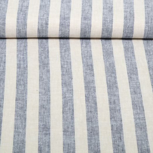 Lin - Rayures Beige Bleu marine Teint dans la masse