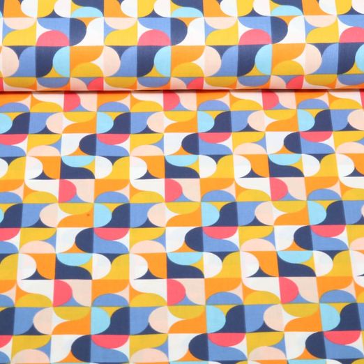 Coton tissé Retro Geo Bleu Multicolore