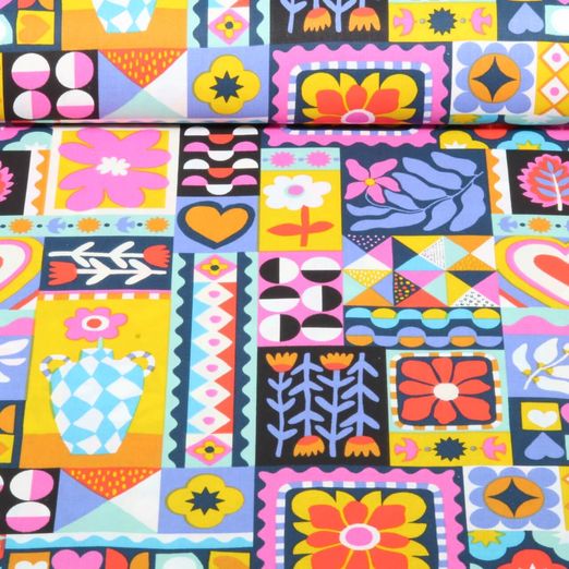 Coton tissé - mélange de fleurs multicolores Noir Multicolore