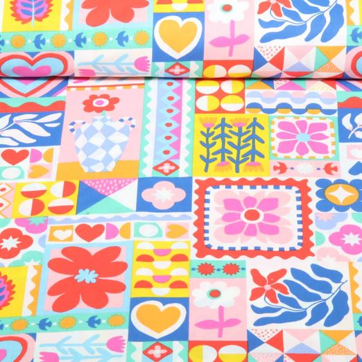 Coton tissé - mélange de fleurs multicolores Blanc Multicolore