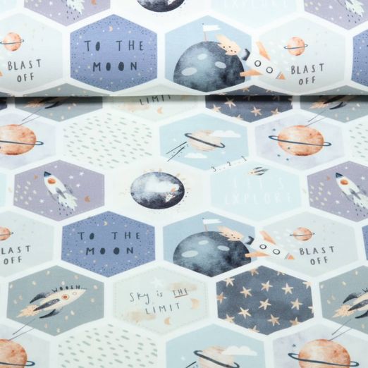 Jersey Little Jax - Impression numérique Fusées spatiales Ecru Bleu