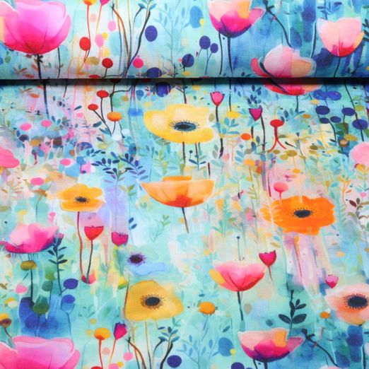 Viskosejersey - Digital Bunte Tulpen Blau Multicolor