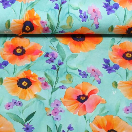 Viskosejersey - Digital Mohnblumen Türkis