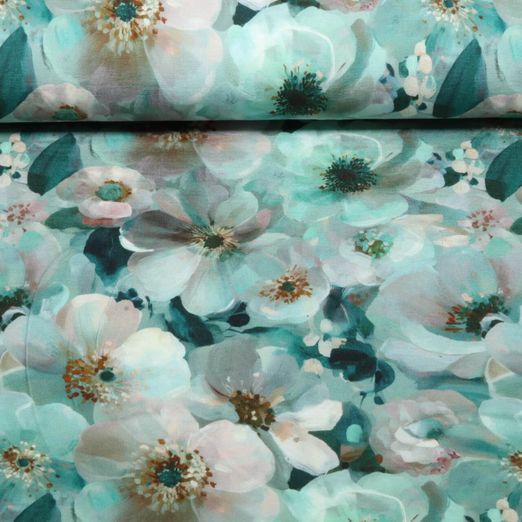 Viskosejersey - Digital Gemalte Blüten Petrol