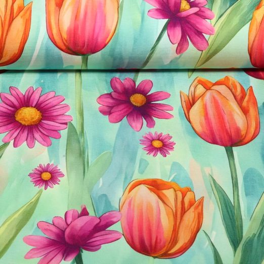 Viskosejersey - Digital XL Blumen Mint Multicolor