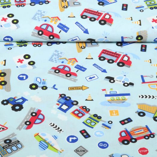 Baumwoll-Cretonne - Fahrzeuge Hellblau