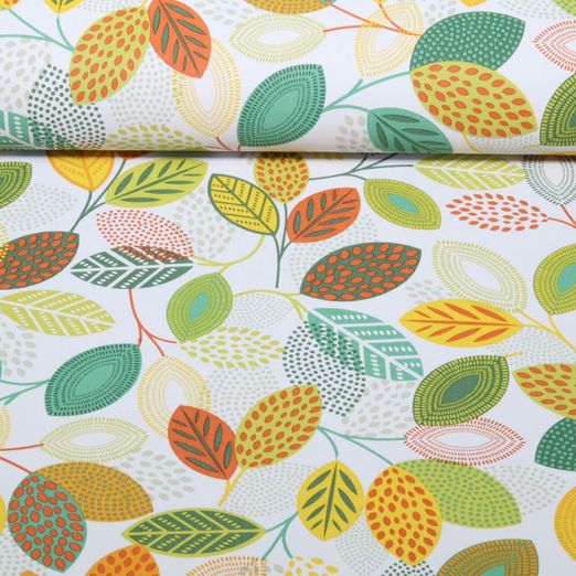 Wachstuch - PVC Bunte Blätter Weiß