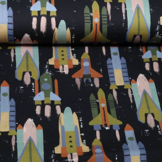 Sommersweat - French Terry Digital Raketen Schwarz