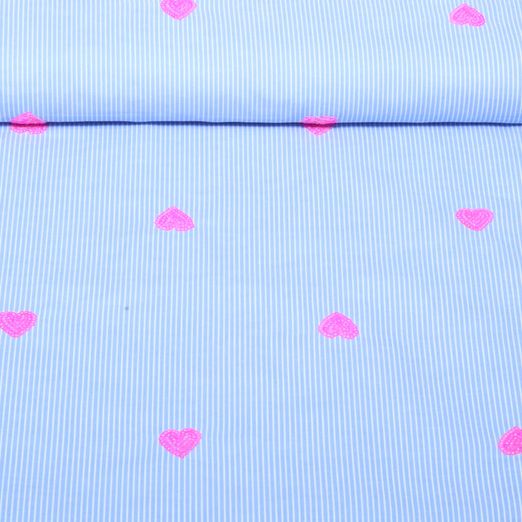 Kleider und Blusenstoff - Streifen Paillettenherzen Blau