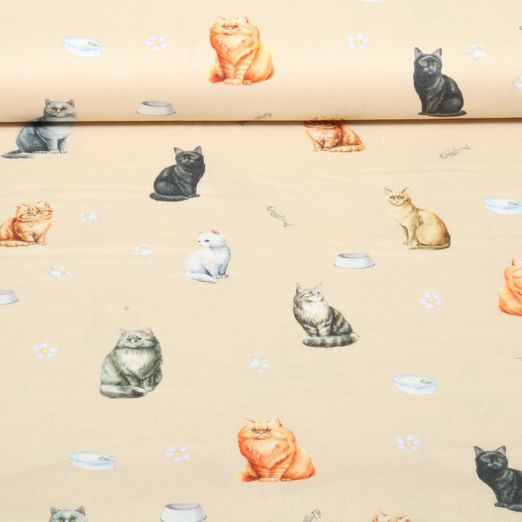 Baumwoll-Webware - Digital Katzen Beige Baumwoll-Webware - Digital Katzen Beige