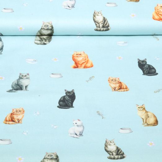 Baumwoll-Webware - Digital Katzen Hellblau
