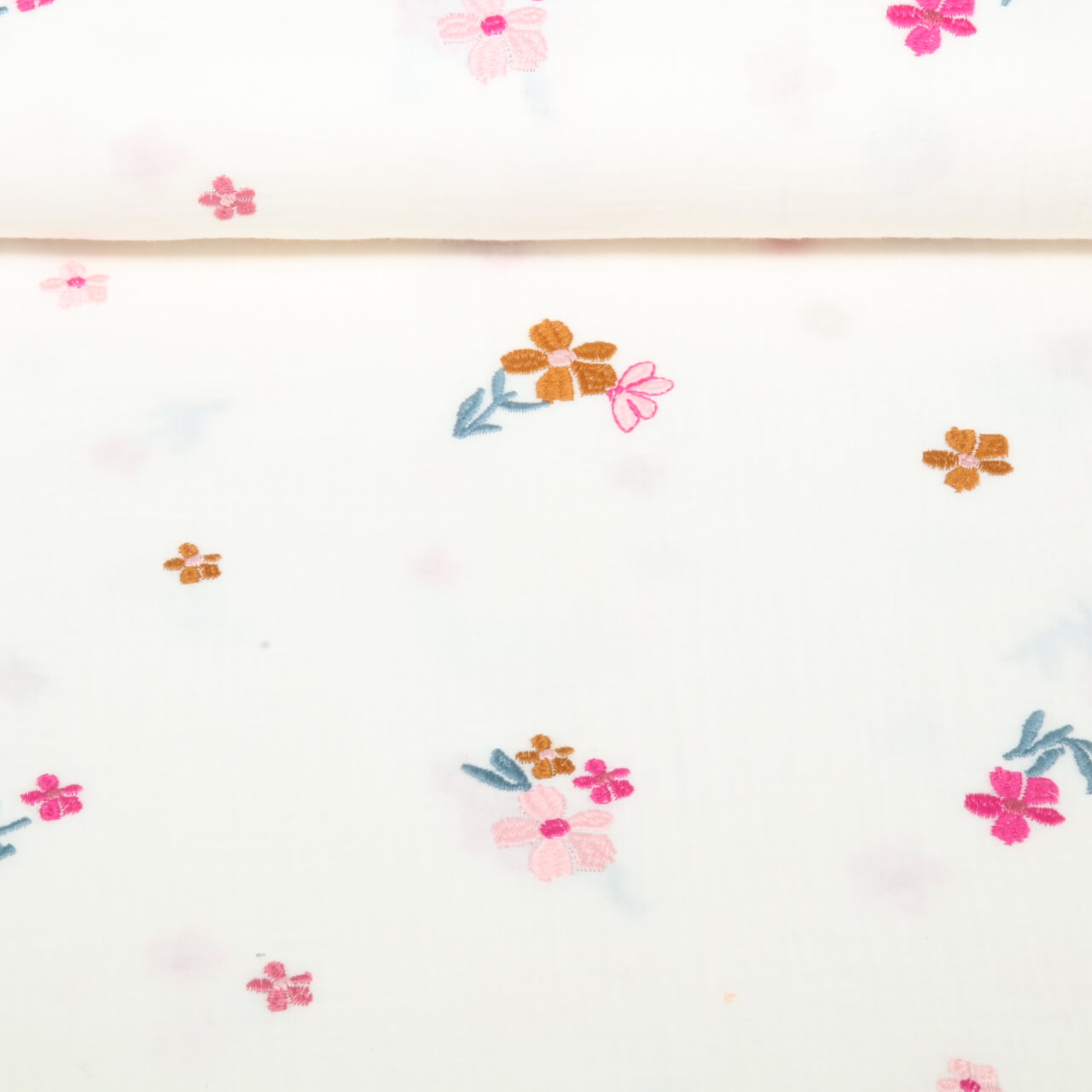 Gaze de coton - Double gaze brodée de fleurs Ecru Bronze-0 Gaze de coton - Double gaze brodée de fleurs Ecru Bronze-0