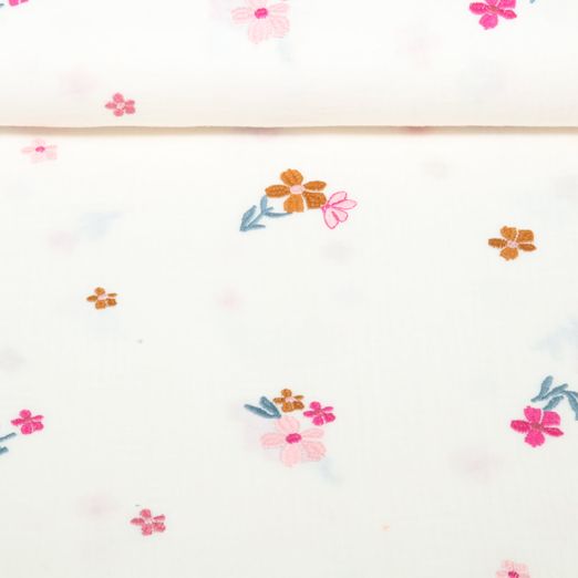 Gaze de coton - Double gaze brodée de fleurs Ecru Bronze Gaze de coton - Double gaze brodée de fleurs Ecru Bronze