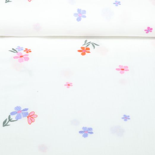 Gaze de coton - Double gaze brodée de fleurs Ecru Bleu