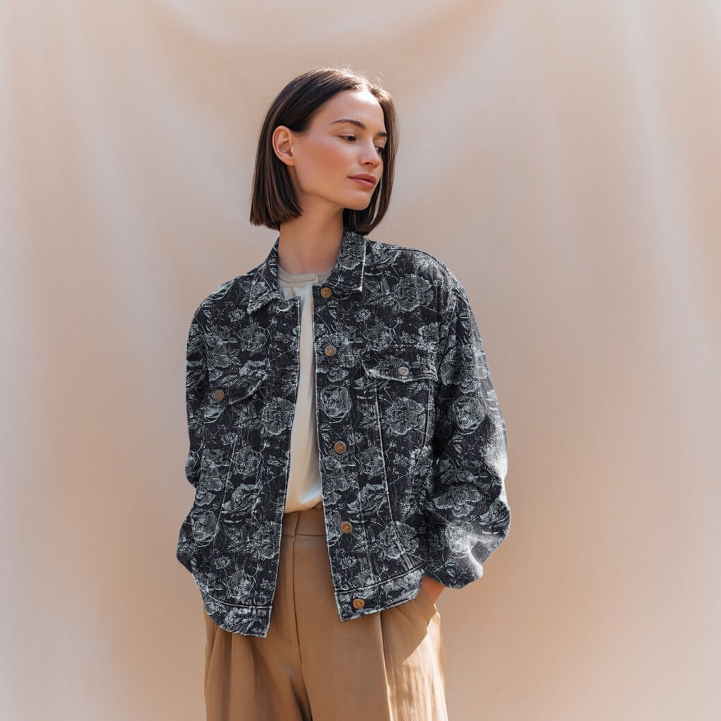 Tissu jeans pantalon - Jacquard Roses Bleu foncé-1 Tissu jeans pantalon - Jacquard Roses Bleu foncé-1