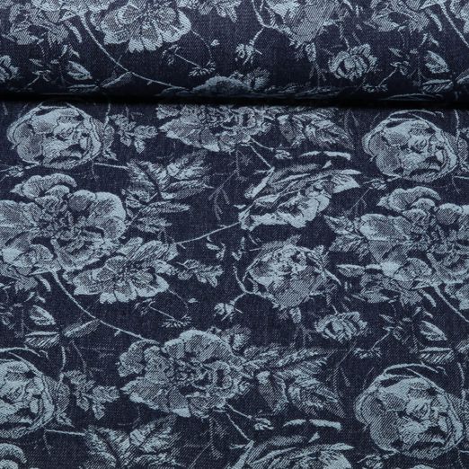 Tissu jeans pantalon - Jacquard Roses Bleu foncé Tissu jeans pantalon - Jacquard Roses Bleu foncé