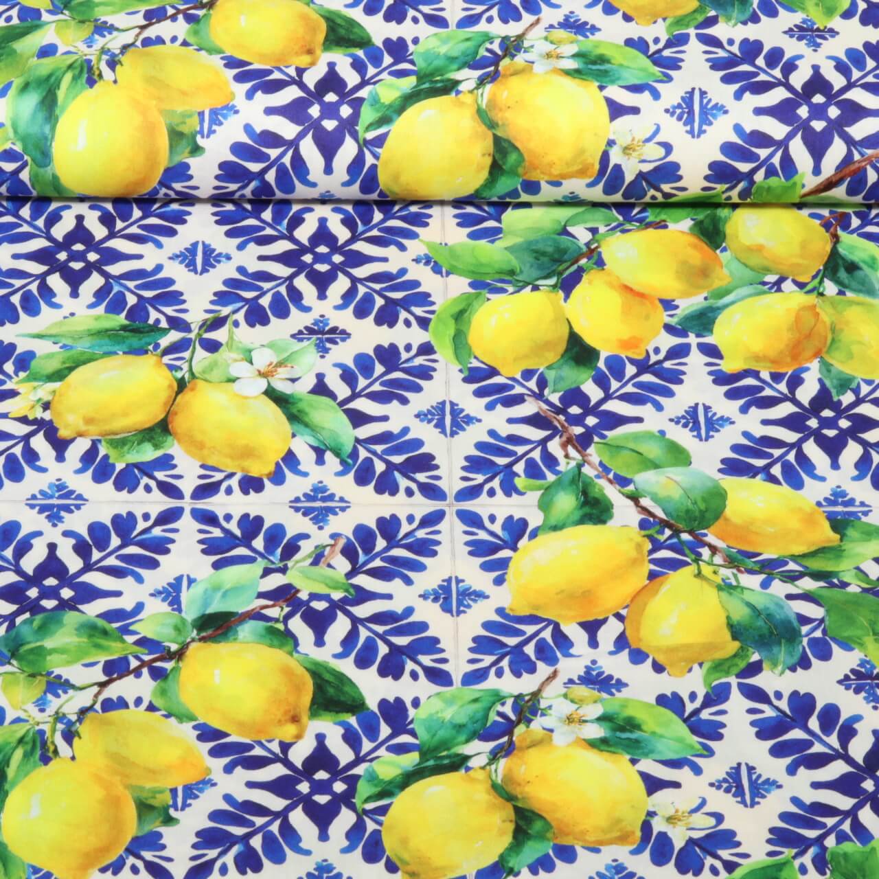 Baumwoll-Viskose - Digitaldruck Zitronen Blau-0 Baumwoll-Viskose - Digitaldruck Zitronen Blau-0