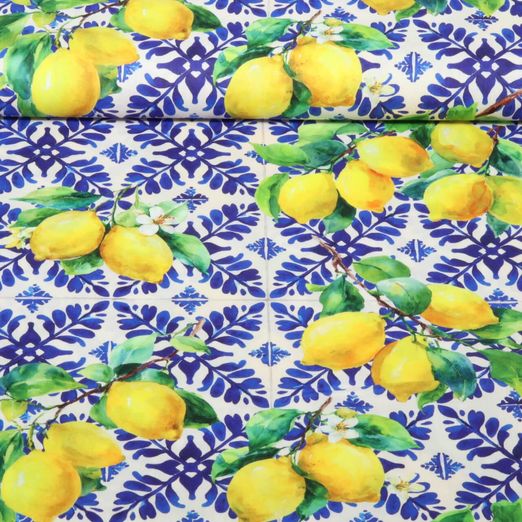 Baumwoll-Viskose - Digitaldruck Zitronen Blau Baumwoll-Viskose - Digitaldruck Zitronen Blau