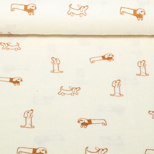 Gaze de coton - Double gaze Brodé Chiens Ecru Gaze de coton - Double gaze Brodé Chiens Ecru