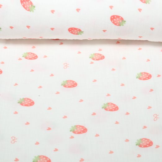 Musselin Extrabreit - Erdbeeren Weiß 250cm Musselin Extrabreit - Erdbeeren Weiß 250cm