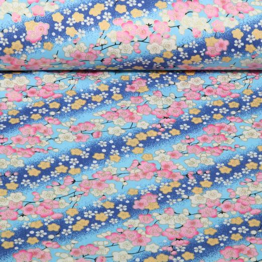 Baumwoll-Webware - Kirschenblüten Blau Gold Baumwoll-Webware - Kirschenblüten Blau Gold
